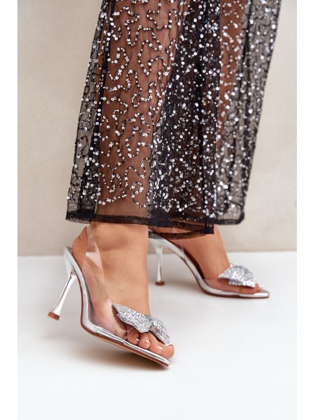 Transparent High Heels With Shiny Bow Silver Viosta