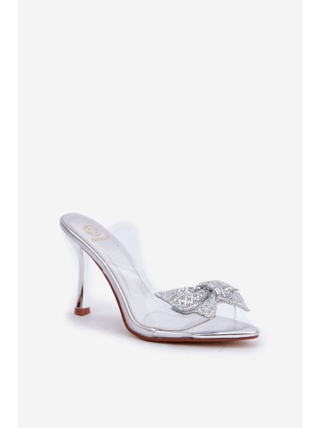 Transparent High Heels With Shiny Bow Silver Viosta