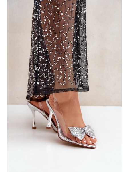 Transparent High Heels With Shiny Bow Silver Viosta