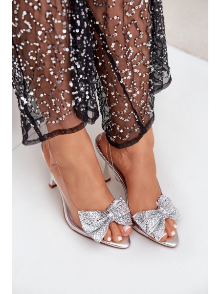 Transparent High Heels With Shiny Bow Silver Viosta
