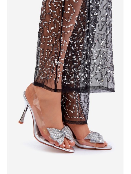 Transparent High Heels With Shiny Bow Silver Viosta
