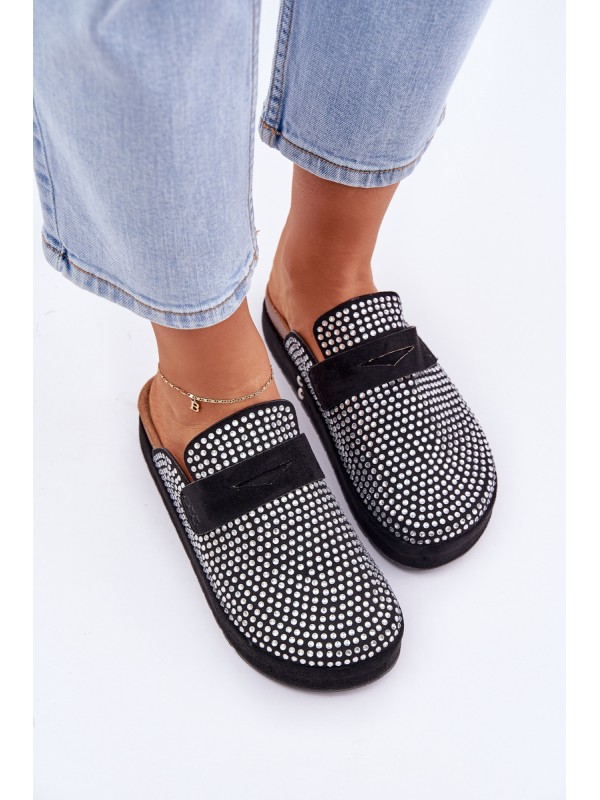 Women's sandals decorated with rhinestones on platform black Deorani
