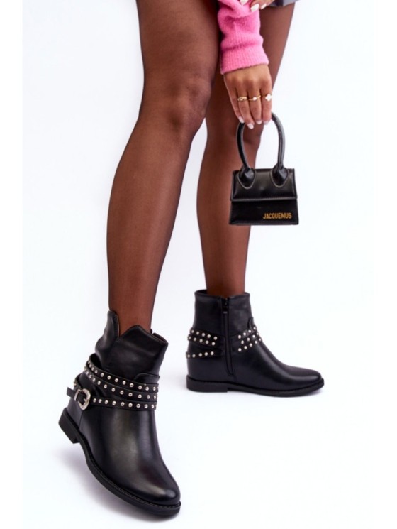 Women's Adorned Leather Boots on a Flat Heel Black Adkrana 2