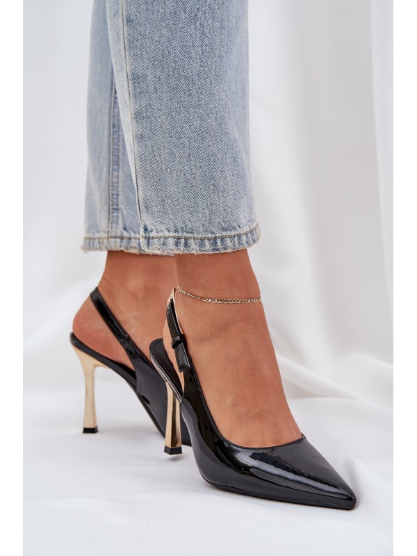 Lacquered High Heels With Open Heel And Pointed Toes Black Rivori