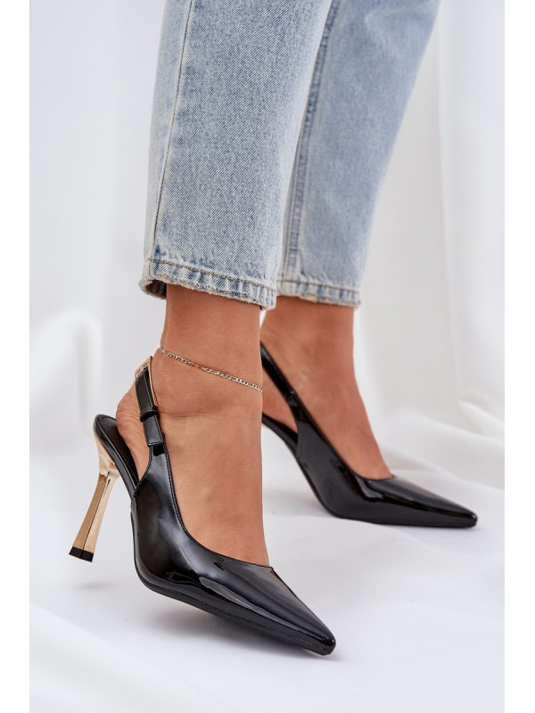 Lacquered High Heels With Open Heel And Pointed Toes Black Rivori 2