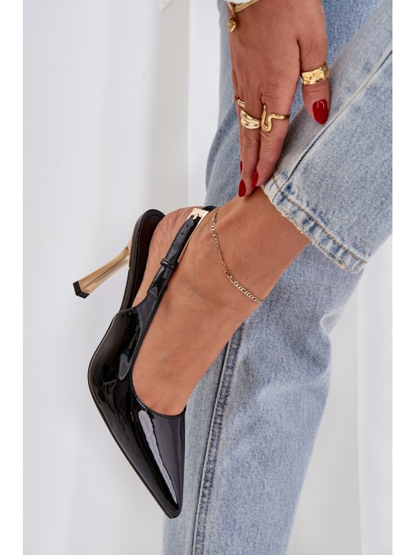 Lacquered High Heels With Open Heel And Pointed Toes Black Rivori