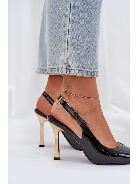 Lacquered High Heels With Open Heel And Pointed Toes Black Rivori