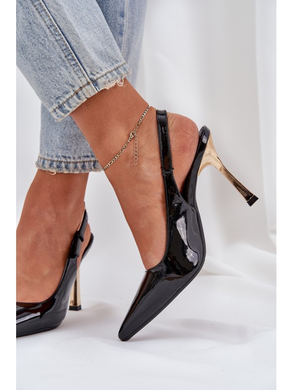 Lacquered High Heels With Open Heel And Pointed Toes Black Rivori