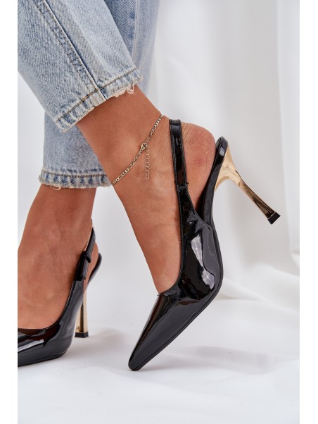 Lacquered High Heels With Open Heel And Pointed Toes Black Rivori