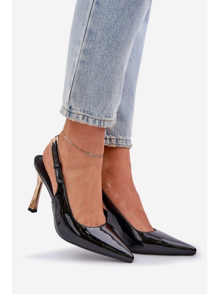 Lacquered High Heels With Open Heel And Pointed Toes Black Rivori