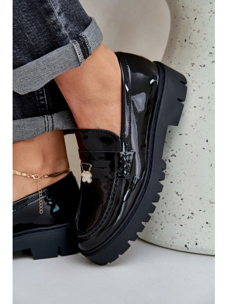 Lacquered Women's Moccasins With Teddy Bear Black Wulinea
