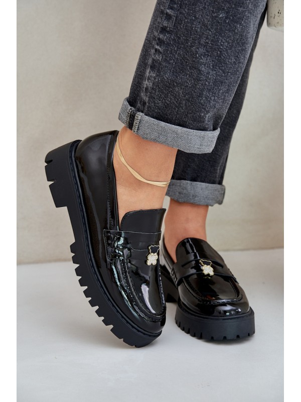 Lacquered Women's Moccasins With Teddy Bear Black Wulinea