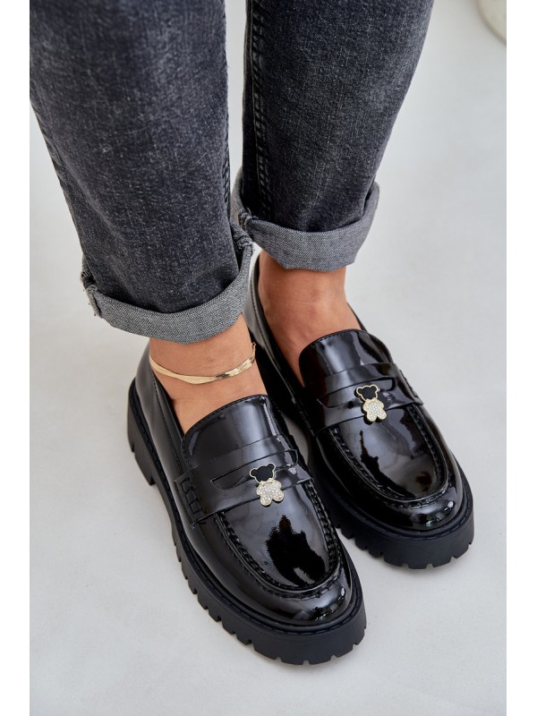 Lacquered Women's Moccasins With Teddy Bear Black Wulinea