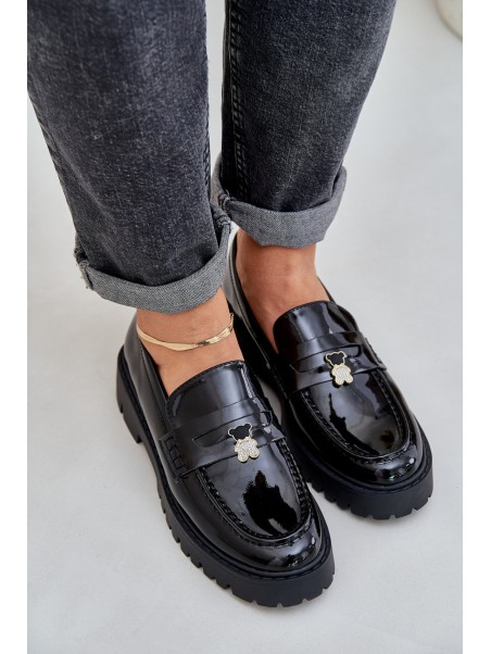 Lacquered Women's Moccasins With Teddy Bear Black Wulinea