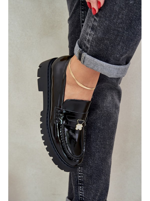 Lacquered Women's Moccasins With Teddy Bear Black Wulinea