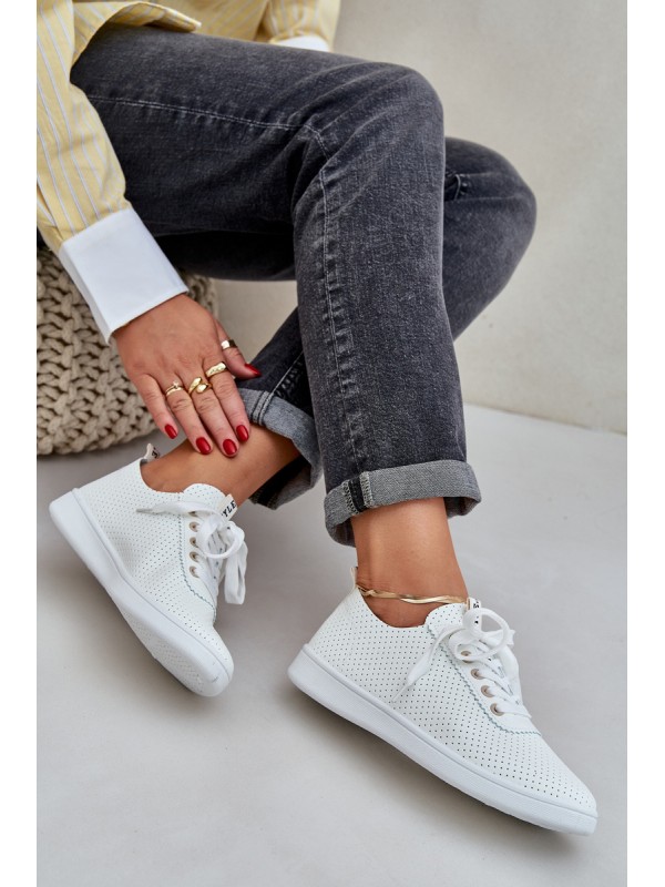 Ladies Perforated Lace-Up Sneakers Light Beige Carinel