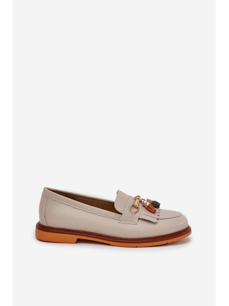 Leather Elegant Loafers On Flat Heel S.Barski LR51-768 Beige