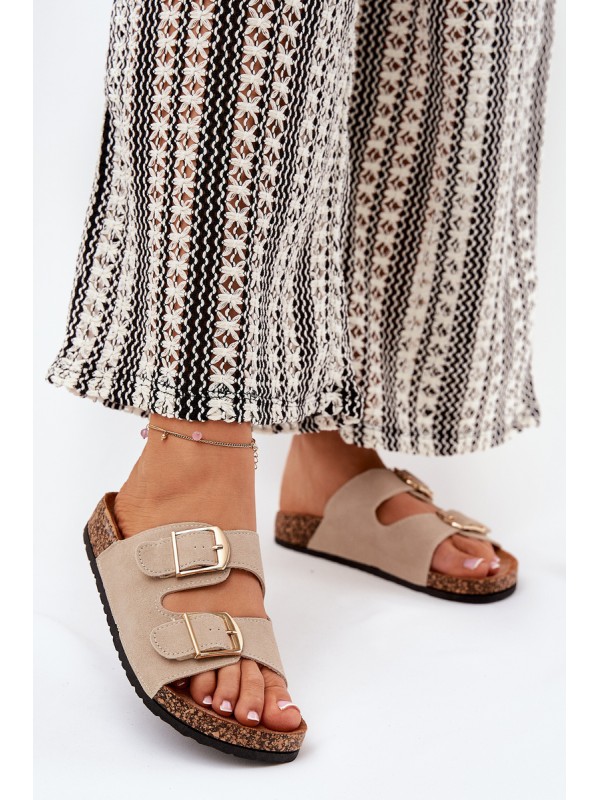 Women Sandals On Cork Platform With Golden Buckles Beige Lisavionea
