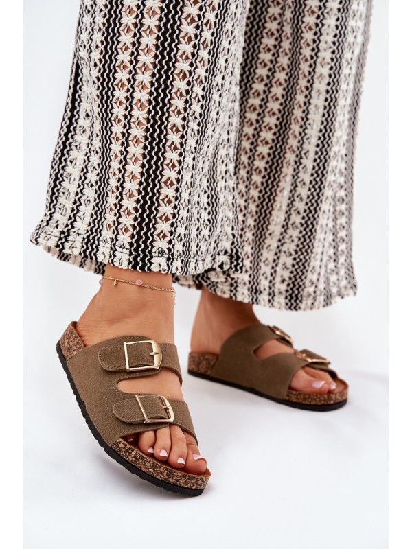Women's Cork Platform Sandals With Golden Buckles Green Lisavionea