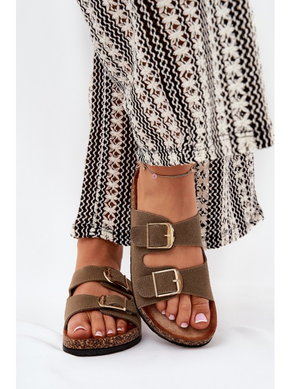 Women's Cork Platform Sandals With Golden Buckles Green Lisavionea 2