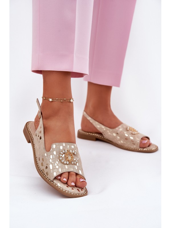 Leather Sandals With Decoration On Flat Heel S.Barski KV51-096 Gold