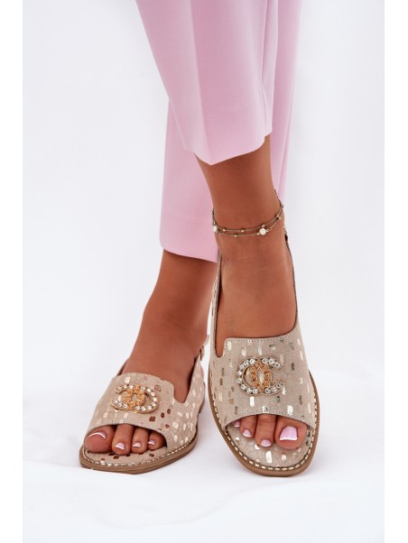 Leather Sandals With Decoration On Flat Heel S.Barski KV51-096 Gold