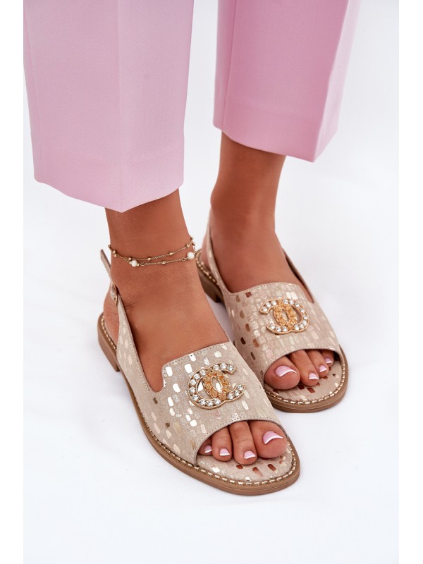 Leather Sandals With Decoration On Flat Heel S.Barski KV51-096 Gold