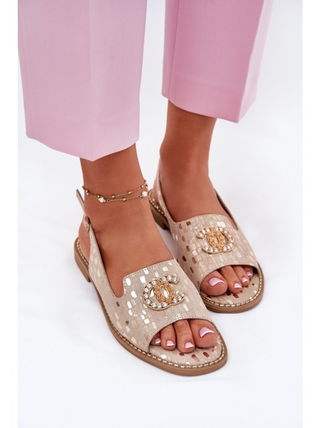 Leather Sandals With Decoration On Flat Heel S.Barski KV51-096 Gold
