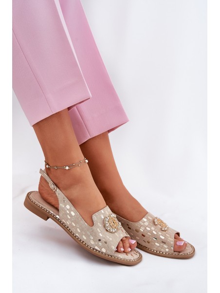 Leather Sandals With Decoration On Flat Heel S.Barski KV51-096 Gold