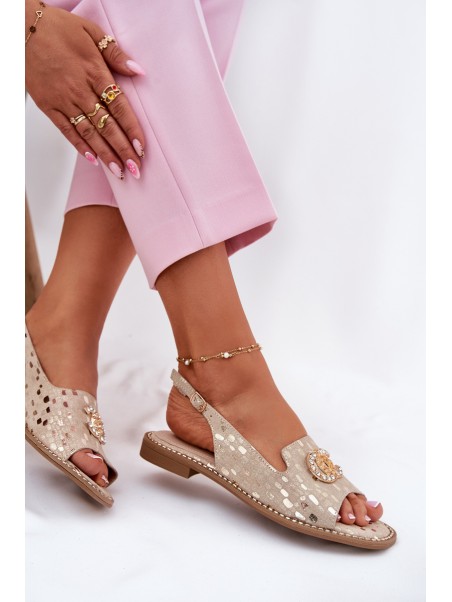 Leather Sandals With Decoration On Flat Heel S.Barski KV51-096 Gold
