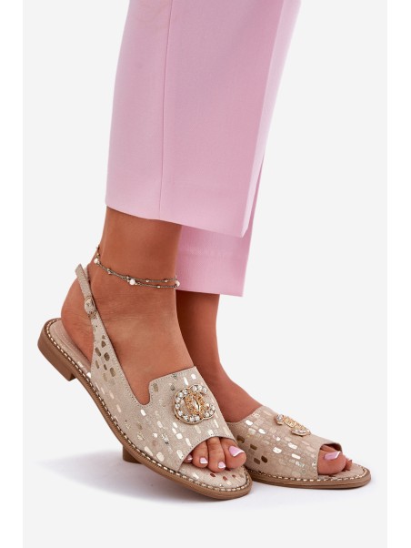 Leather Sandals With Decoration On Flat Heel S.Barski KV51-096 Gold