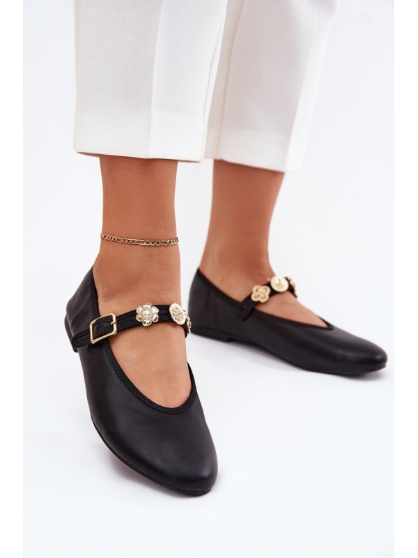 Women's Ballerinas With Strap And Golden Decorations Black Firicene