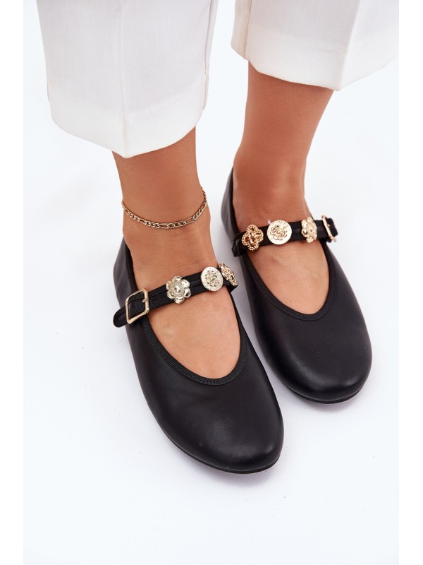Women's Ballerinas With Strap And Golden Decorations Black Firicene 2