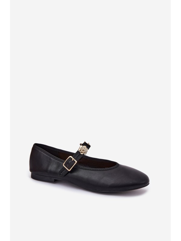 Women's Ballerinas With Strap And Golden Decorations Black Firicene