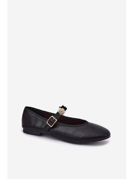 Women's Ballerinas With Strap And Golden Decorations Black Firicene
