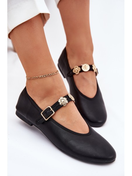 Women's Ballerinas With Strap And Golden Decorations Black Firicene