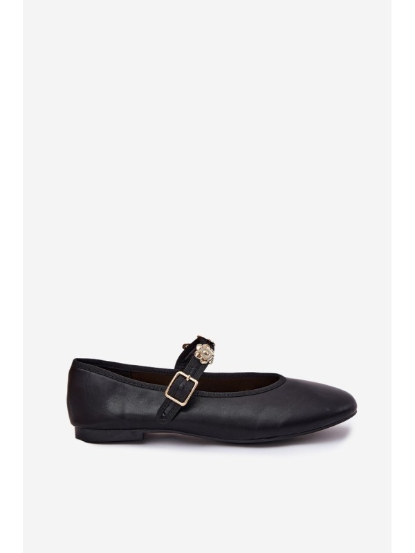 Women's Ballerinas With Strap And Golden Decorations Black Firicene