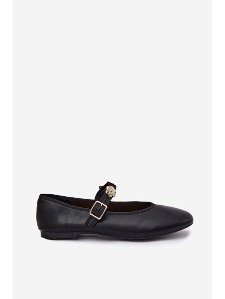 Women's Ballerinas With Strap And Golden Decorations Black Firicene