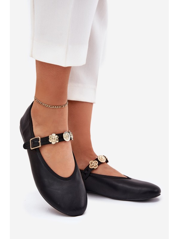 Women's Ballerinas With Strap And Golden Decorations Black Firicene