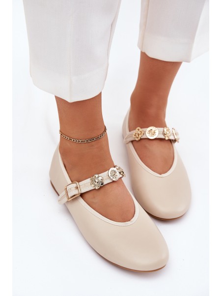 Women's Ballet Flats With Strap And Golden Studs Beige Firicene