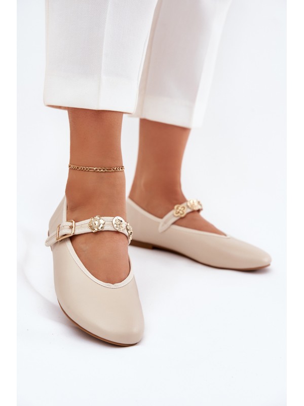 Women's Ballet Flats With Strap And Golden Studs Beige Firicene