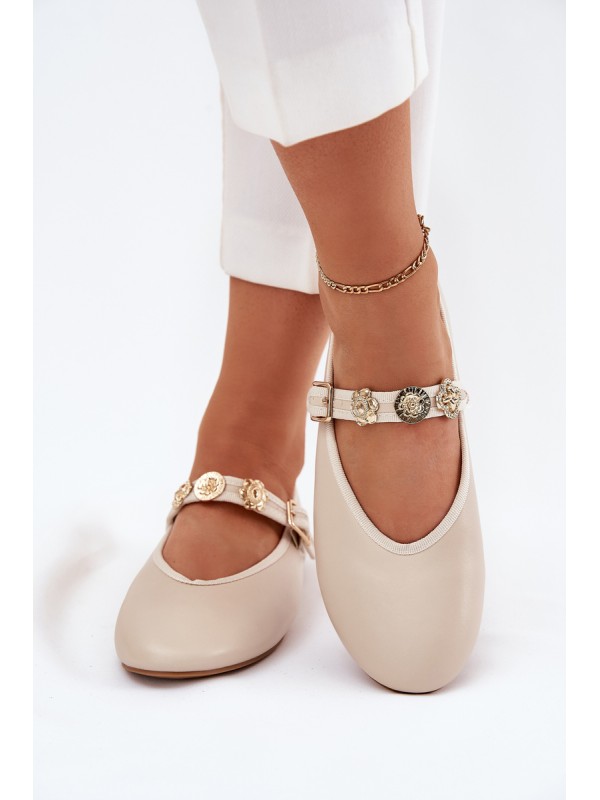 Women's Ballet Flats With Strap And Golden Studs Beige Firicene