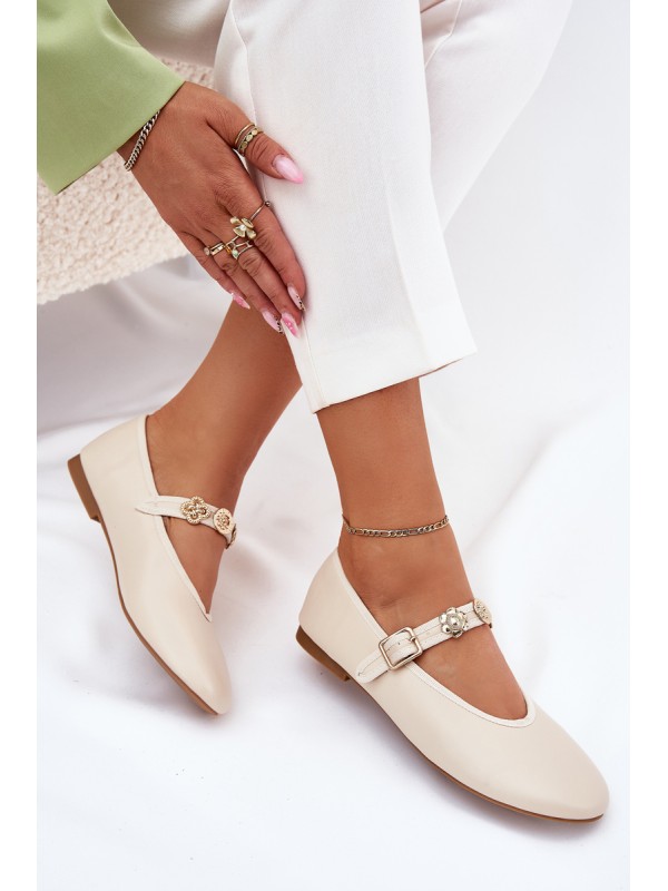 Women's Ballet Flats With Strap And Golden Studs Beige Firicene