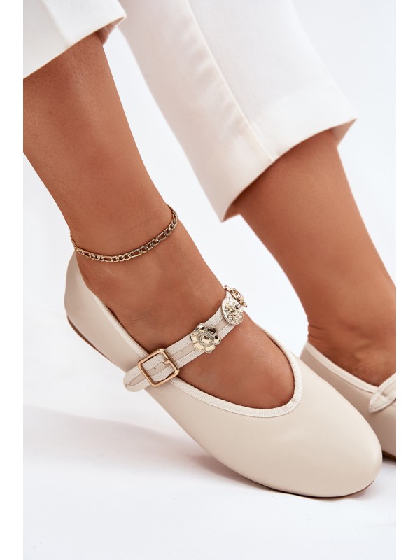 Women's Ballet Flats With Strap And Golden Studs Beige Firicene