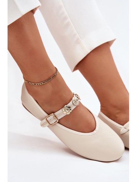 Women's Ballet Flats With Strap And Golden Studs Beige Firicene