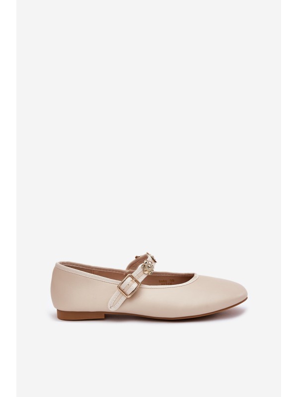 Women's Ballet Flats With Strap And Golden Studs Beige Firicene