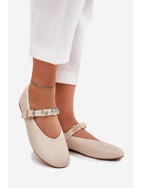 Women's Ballet Flats With Strap And Golden Studs Beige Firicene