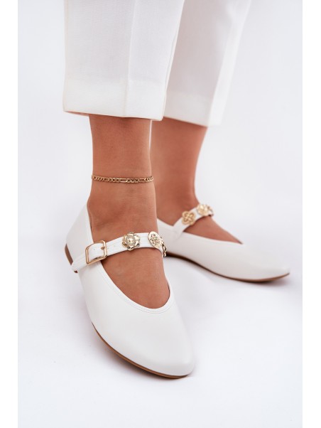 Women's Ballet Flats With Strap And Golden Decorations White Firicene