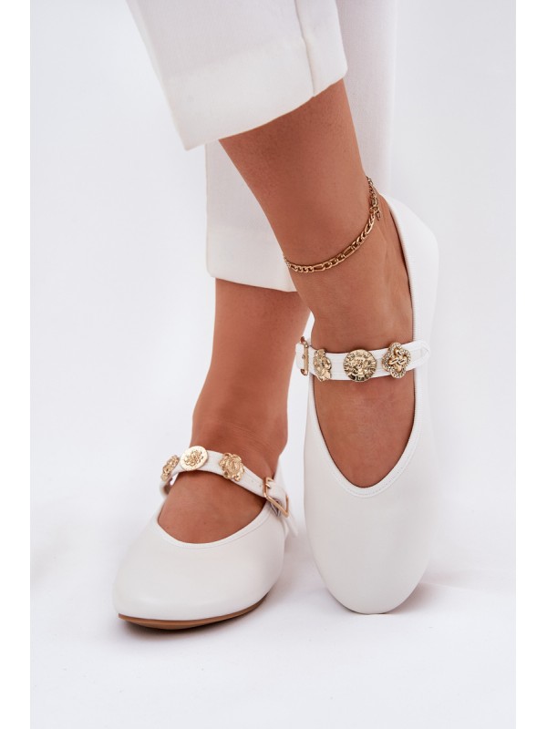 Women's Ballet Flats With Strap And Golden Decorations White Firicene 2