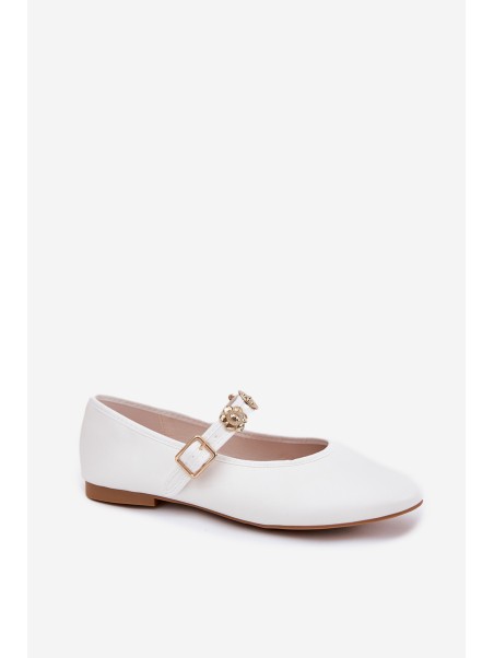 Women's Ballet Flats With Strap And Golden Decorations White Firicene